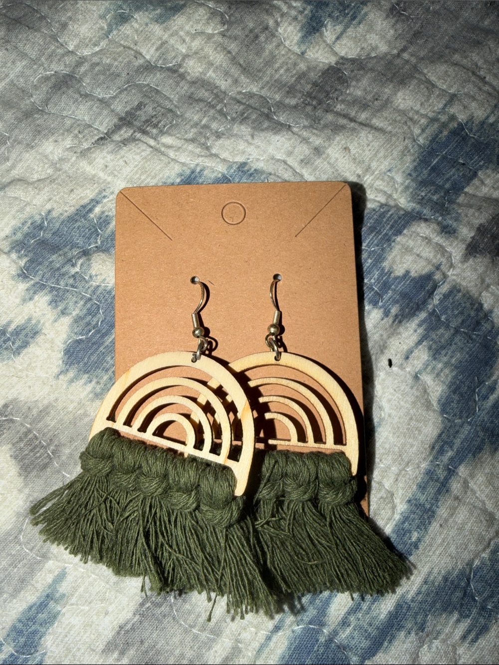 Boho Olive Green Tassel Wooden Rainbow Earrings